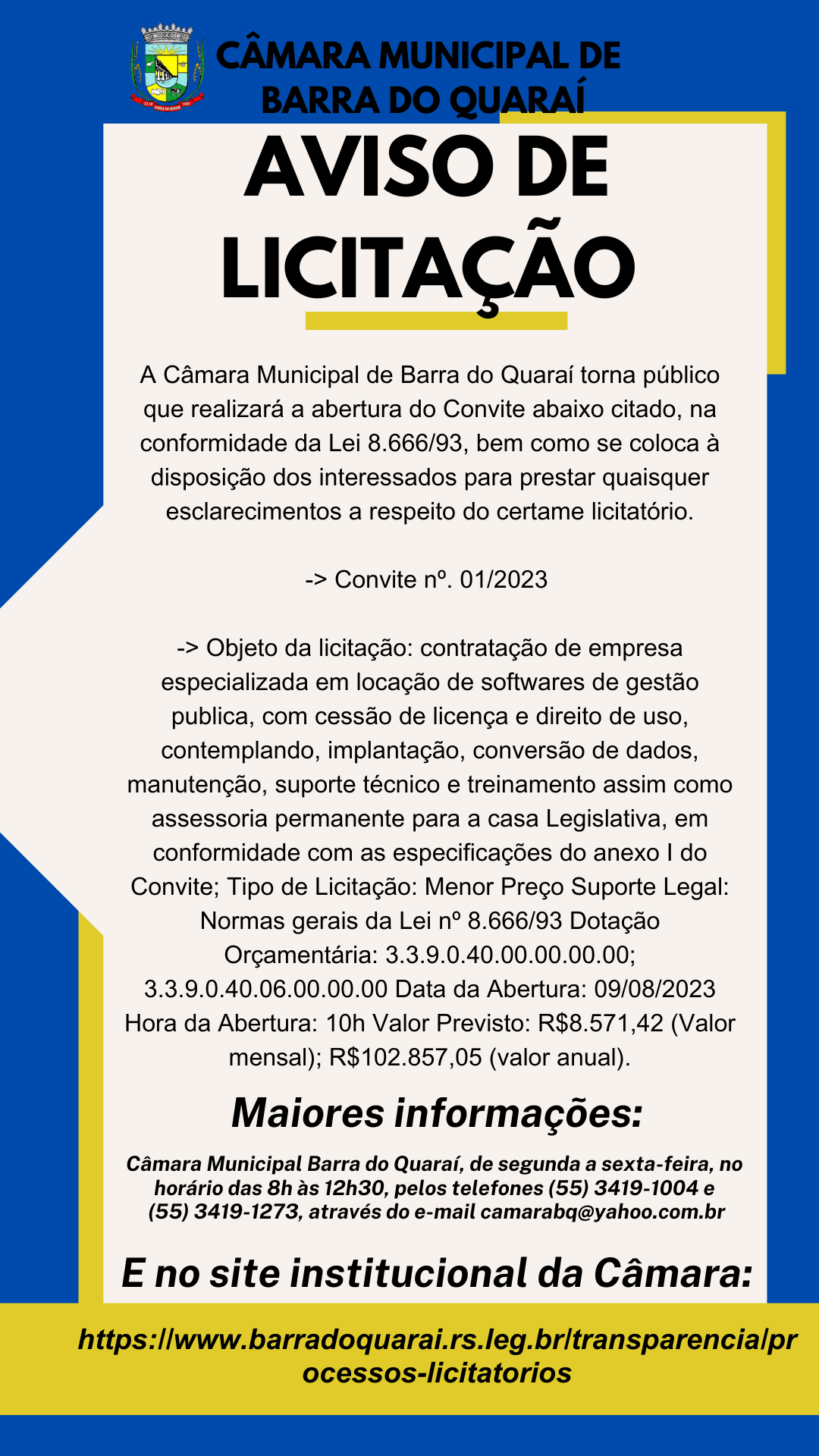 Aviso de Licitação nº 01/2023 - Convite