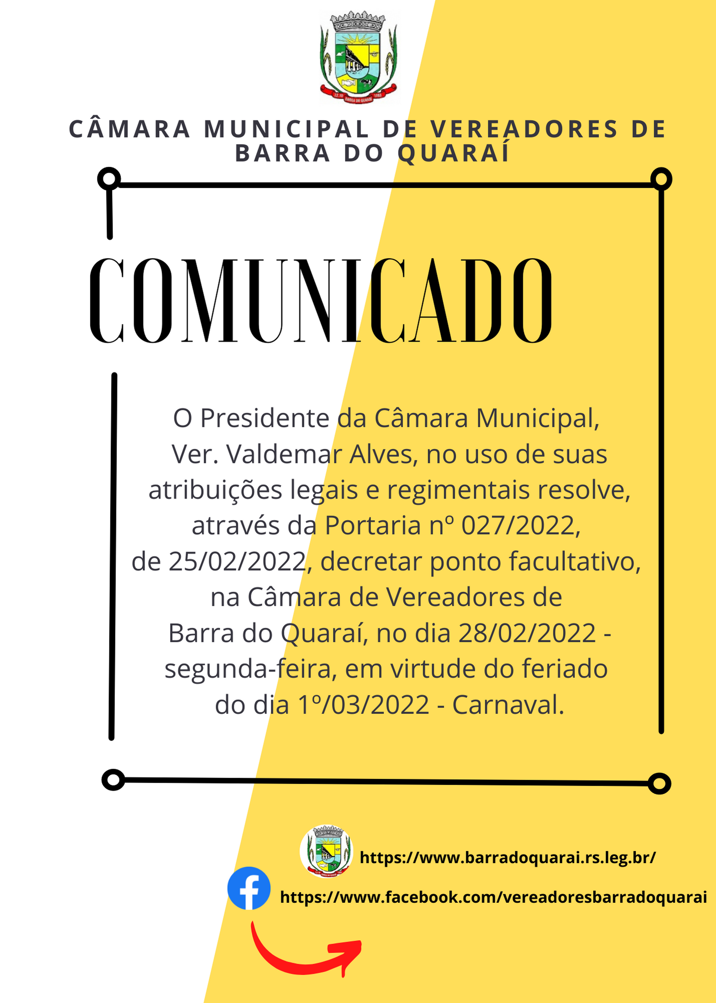 CÂMARA MUNICIPAL DE VEREADORES DECRETA PONTO FACULTATIVO NO DIA 28/02/2022