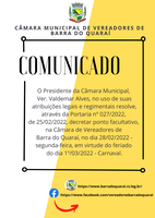 CÂMARA MUNICIPAL DE VEREADORES DECRETA PONTO FACULTATIVO NO DIA 28/02/2022