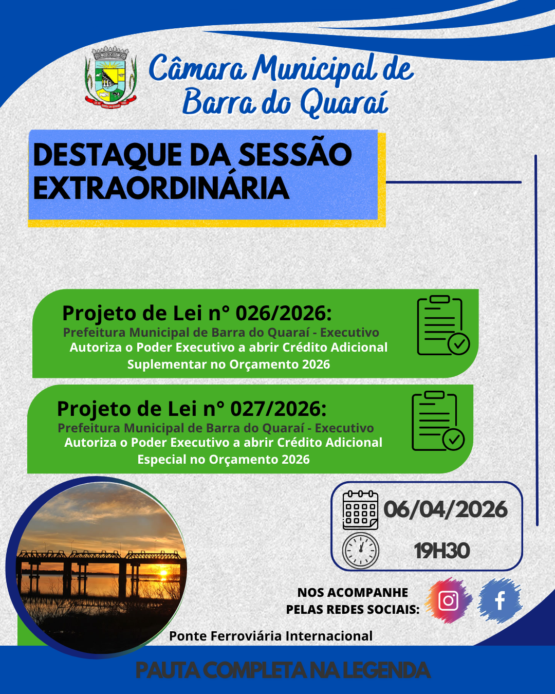 PAUTA SESSÃO EXTRAORDINÁRIA N° 007/2026