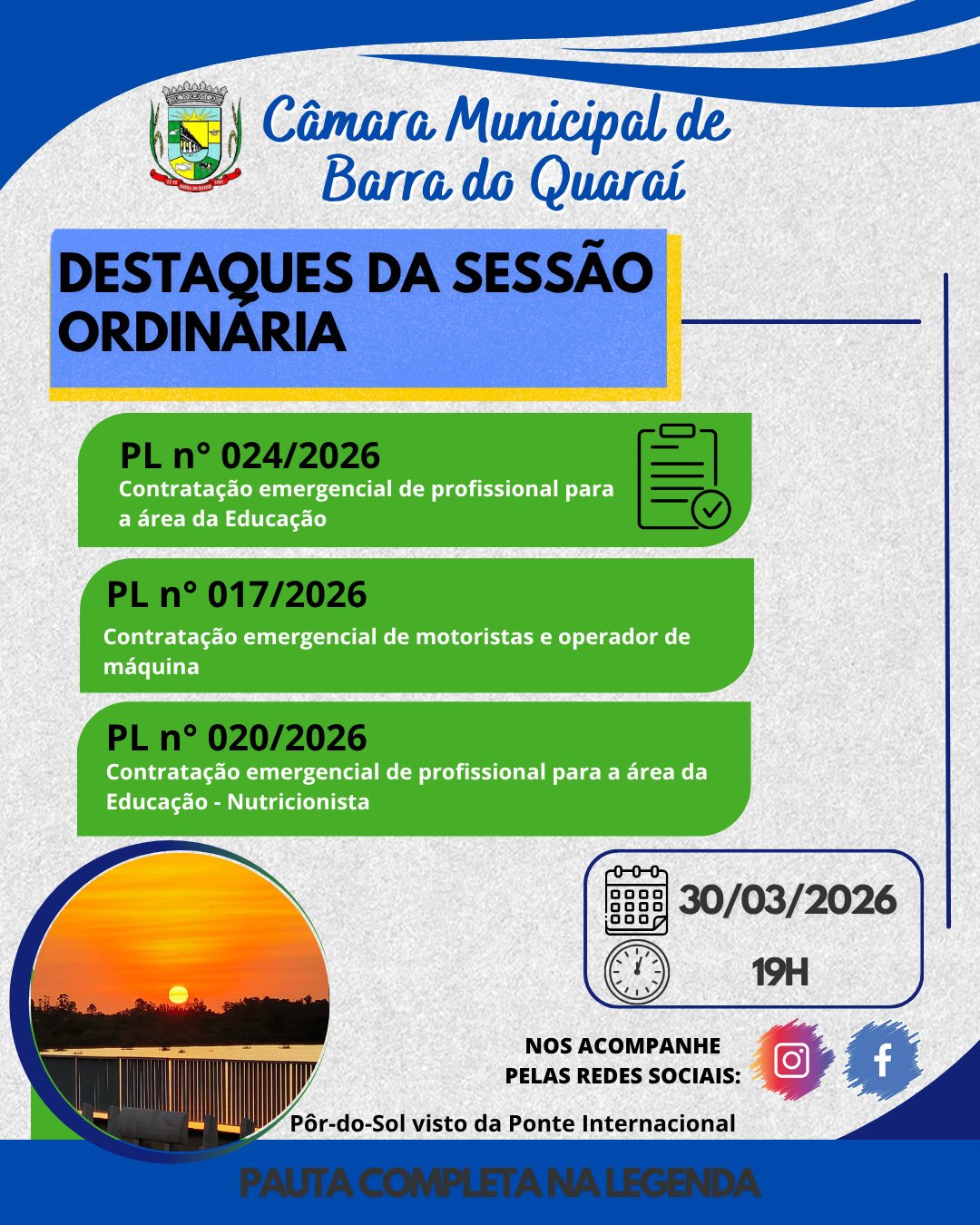 PAUTA SESSÃO ORDINÁRIA N° 008/2026