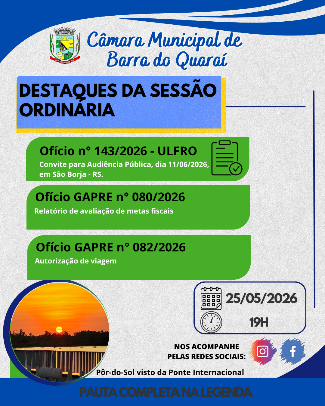 PAUTA SESSÃO PLENÁRIA ORDINÁRIA N° 15/2026