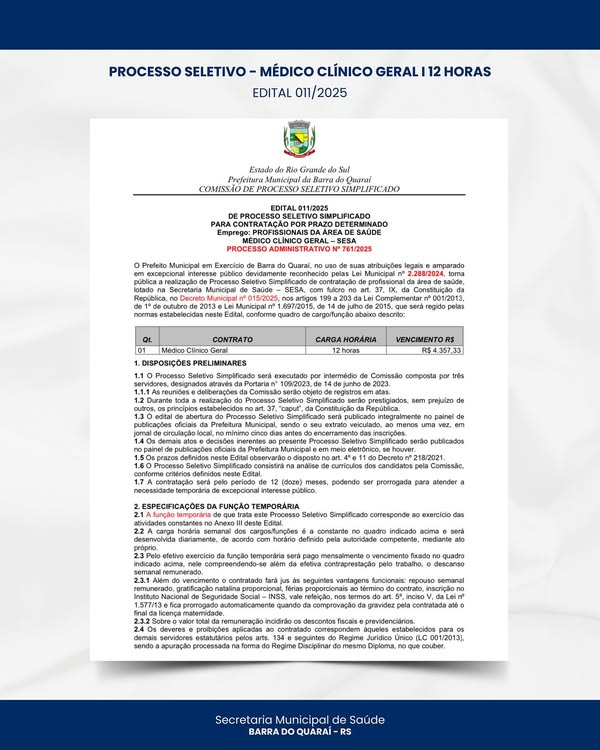 PROCESSO SELETIVO - CONTRATAÇÃO DE MÉDICO CLÍNICO GERAL