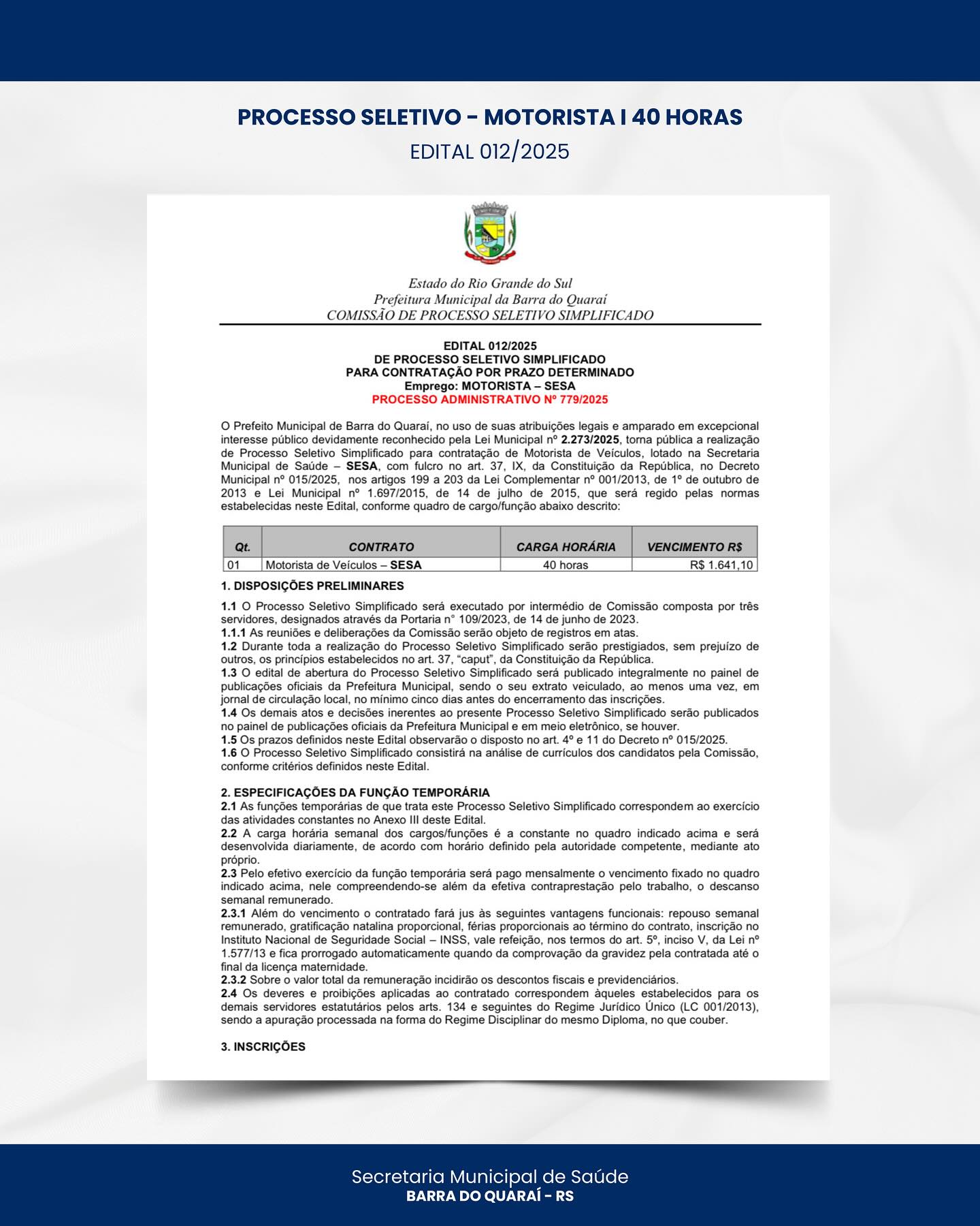 PROCESSO SELETIVO - MOTORISTA
