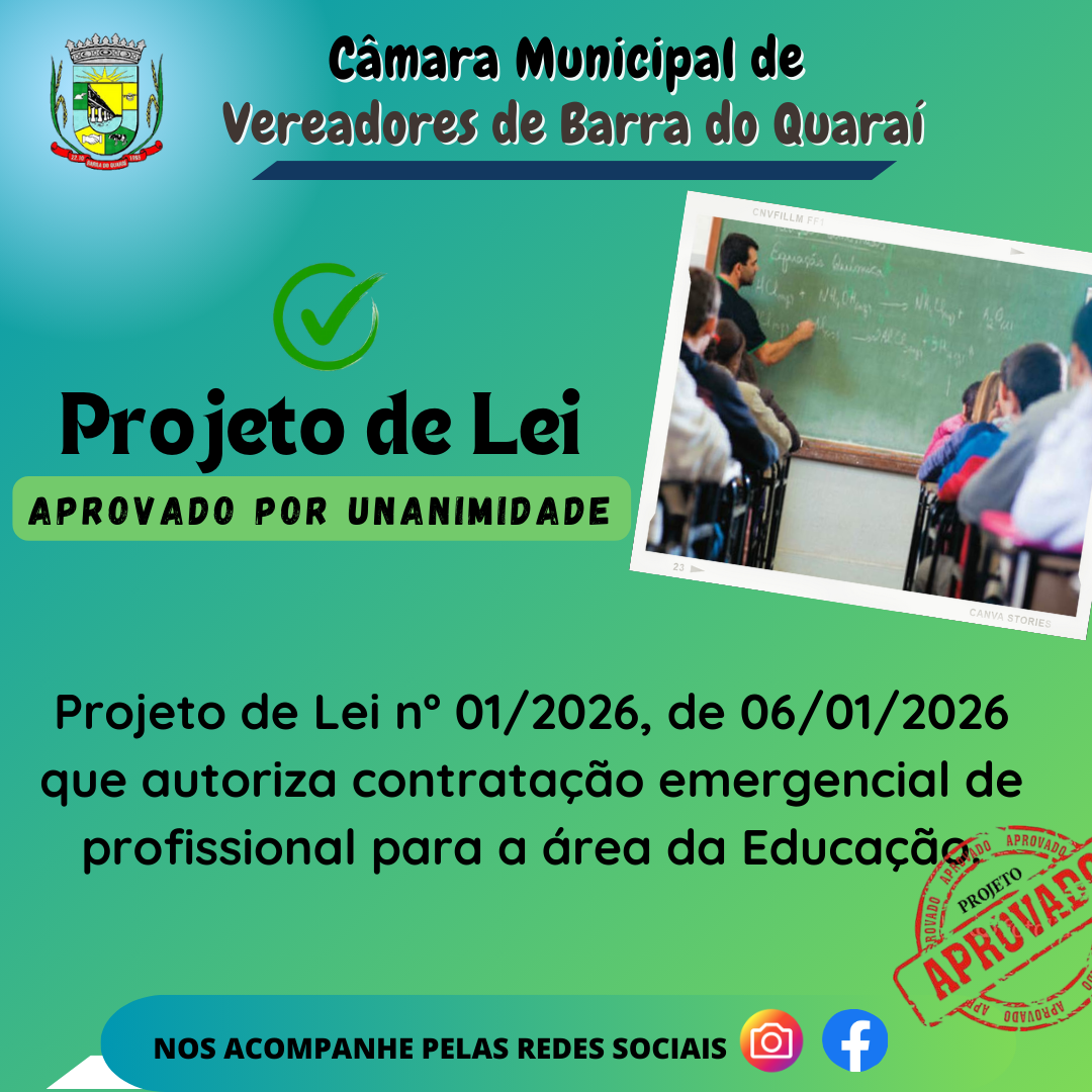PROJETO DE LEI N° 001/2026 - APROVADO POR UNANIMIDADE