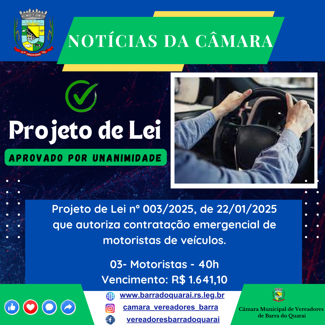 PROJETO DE LEI N° 003/2025 - APROVADO POR UNANIMIDADE