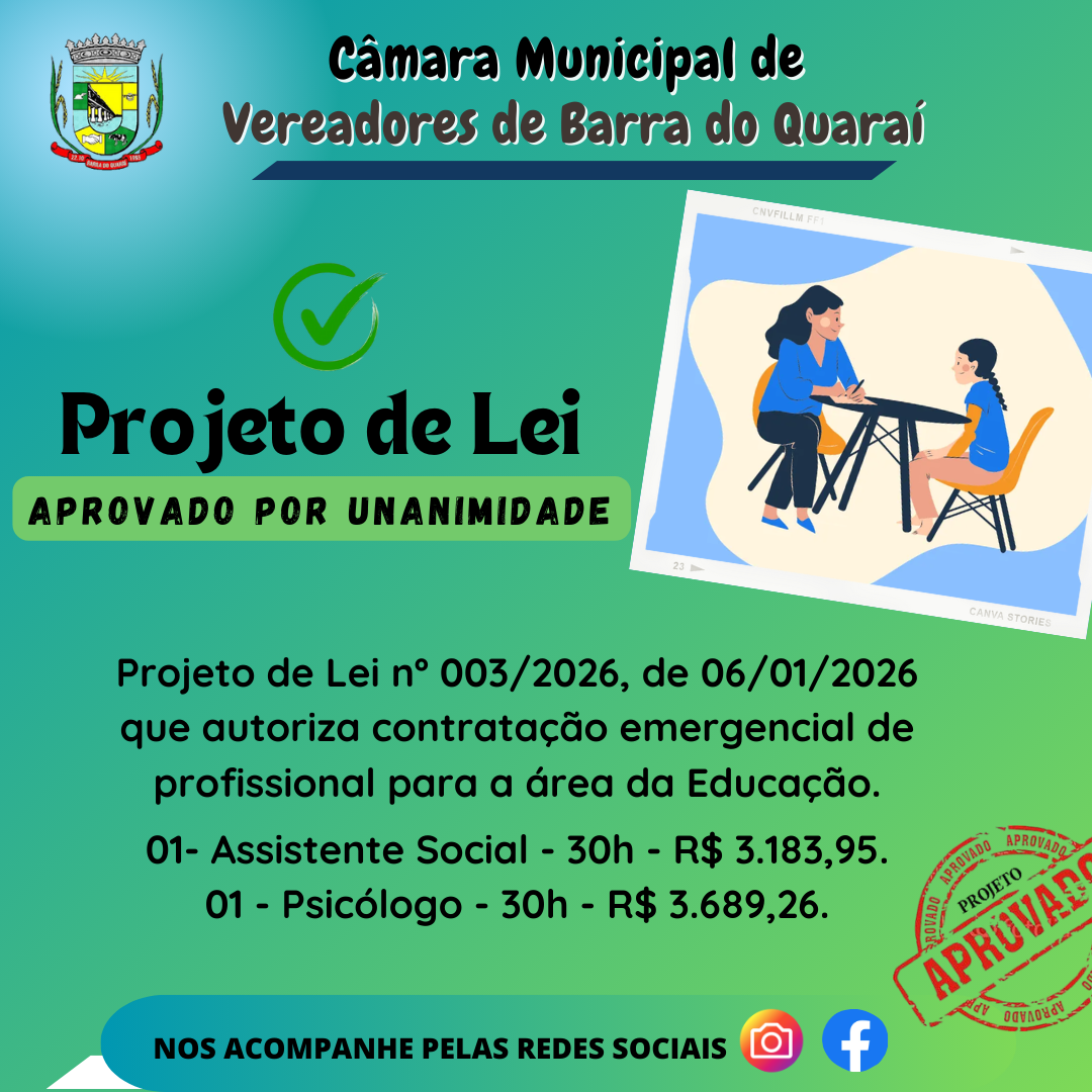PROJETO DE LEI N° 003/2026 - APROVADO POR UNANIMIDADE