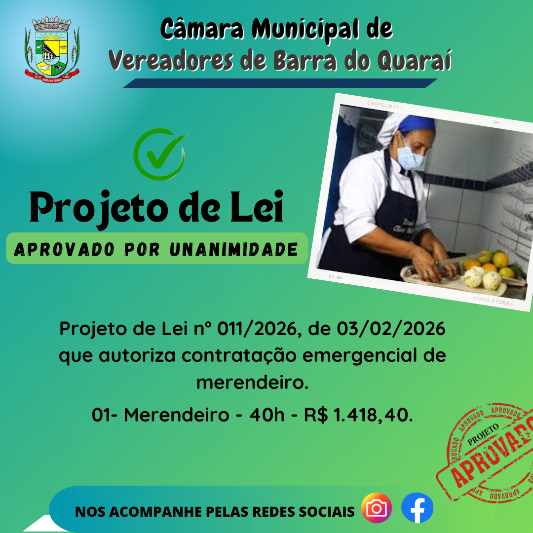 PROJETO DE LEI N° 011/2026 - APROVADO POR UNANIMIDADE