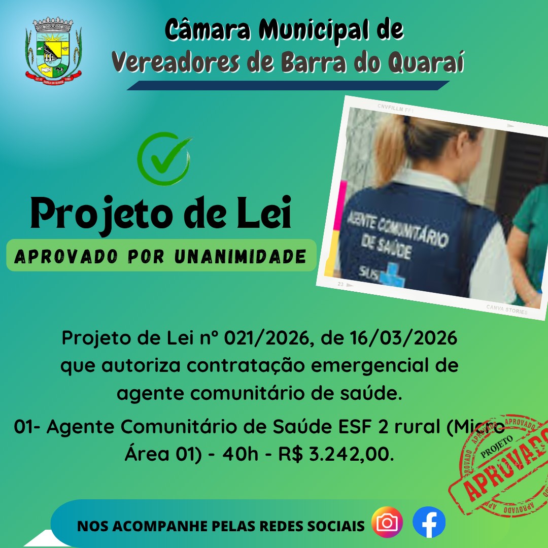 PROJETO DE LEI N° 021/2026 - APROVADO POR UNANIMIDADE
