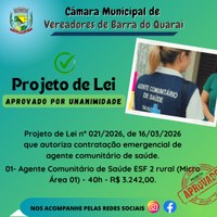 PROJETO DE LEI N° 021/2026 - APROVADO POR UNANIMIDADE
