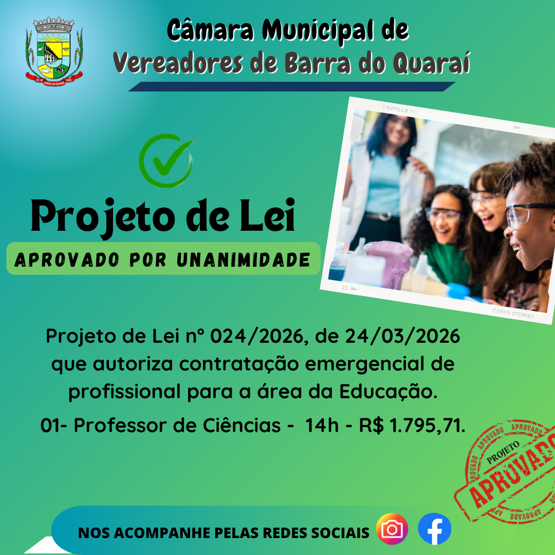 PROJETO DE LEI N° 024/2026 - APROVADO POR UNANIMIDADE