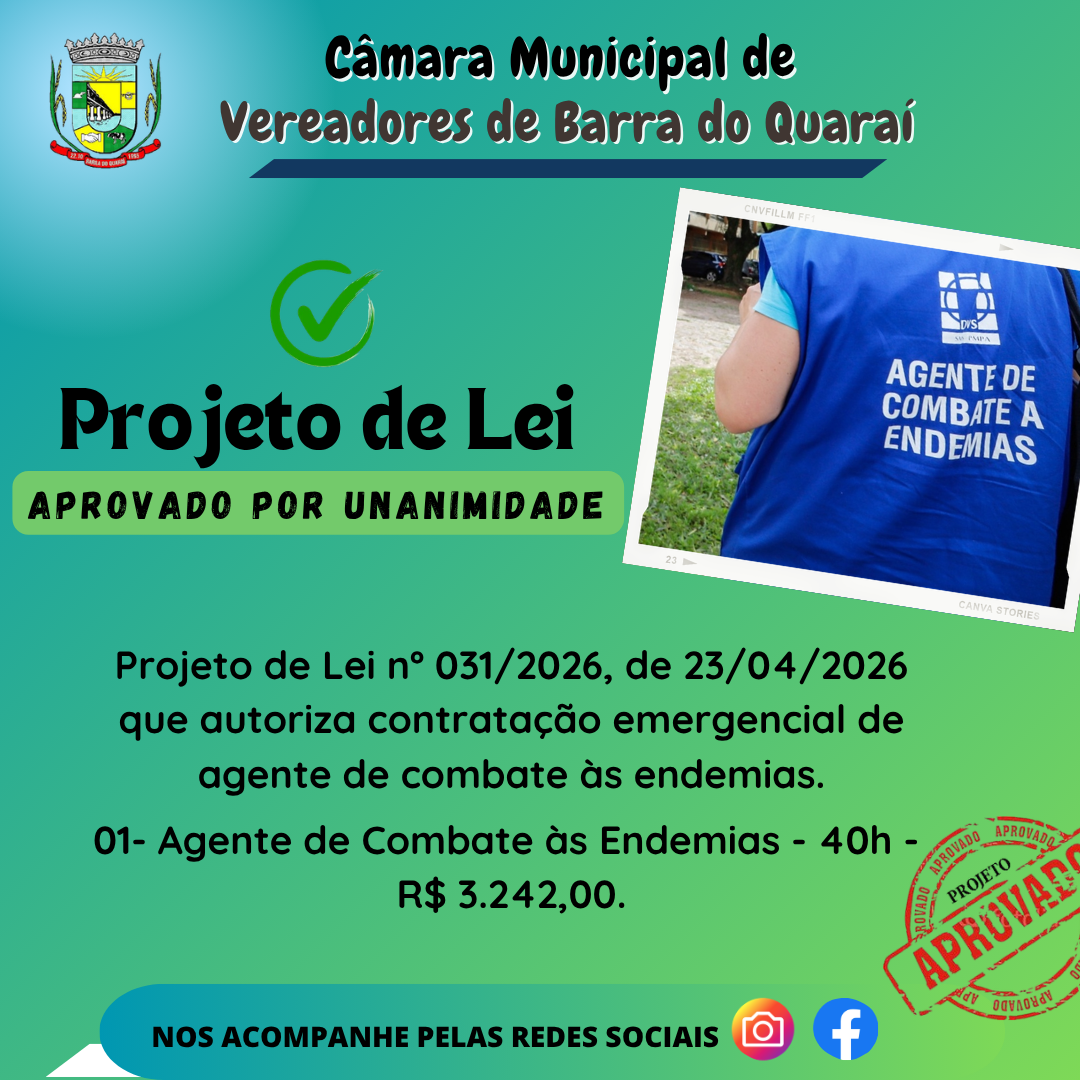 PROJETO DE LEI N° 031/2026 - APROVADO POR UNANIMIDADE