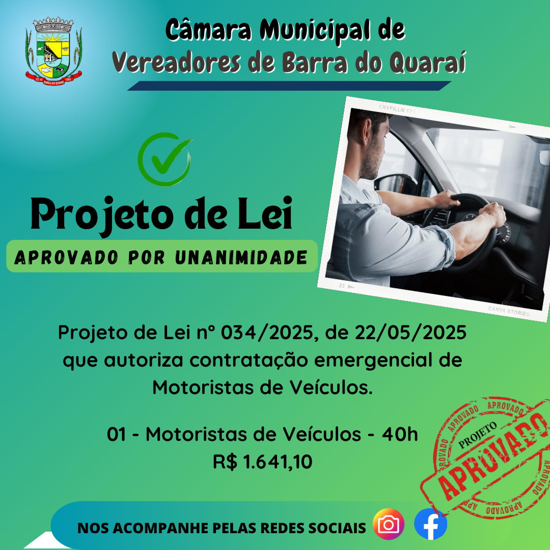 PROJETO DE LEI N° 034/2025 - APROVADO POR UNANIMIDADE