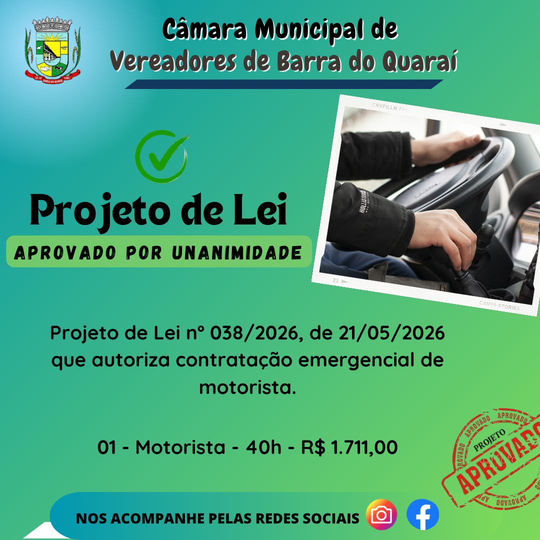 PROJETO DE LEI N° 038/2026 - APROVADO POR UNANIMIDADE