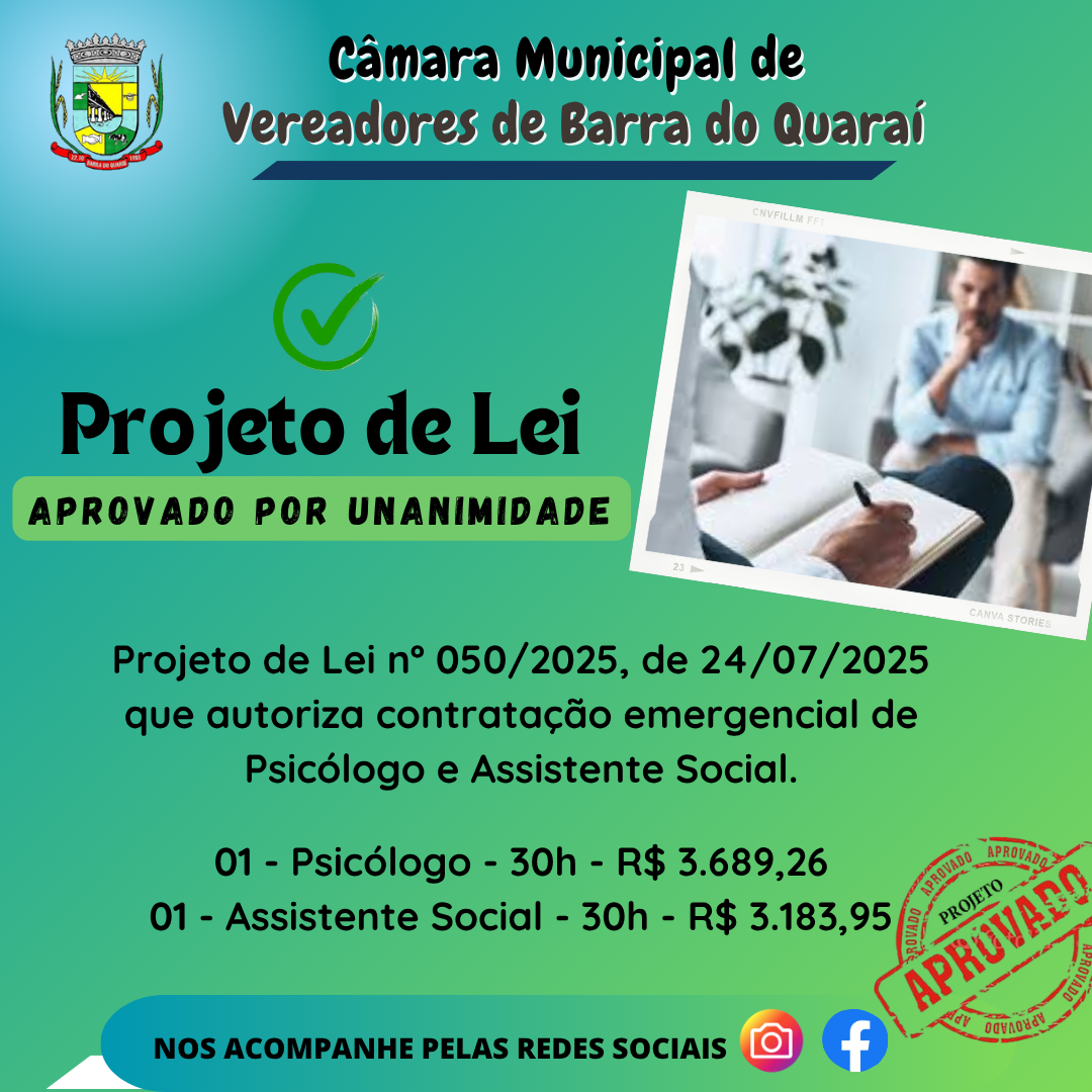 PROJETO DE LEI N° 050/2025 - APROVADO POR UNANIMIDADE