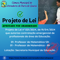 PROJETO DE LEI Nº 021/2024 APROVADO POR UNANIMIDADE