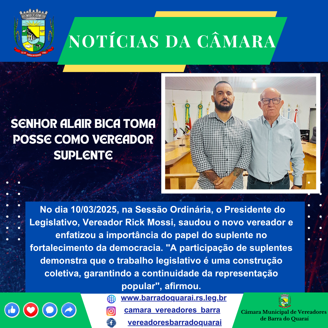 SENHOR ALAIR BICA TOMA POSSE COMO VEREADOR SUPLENTE